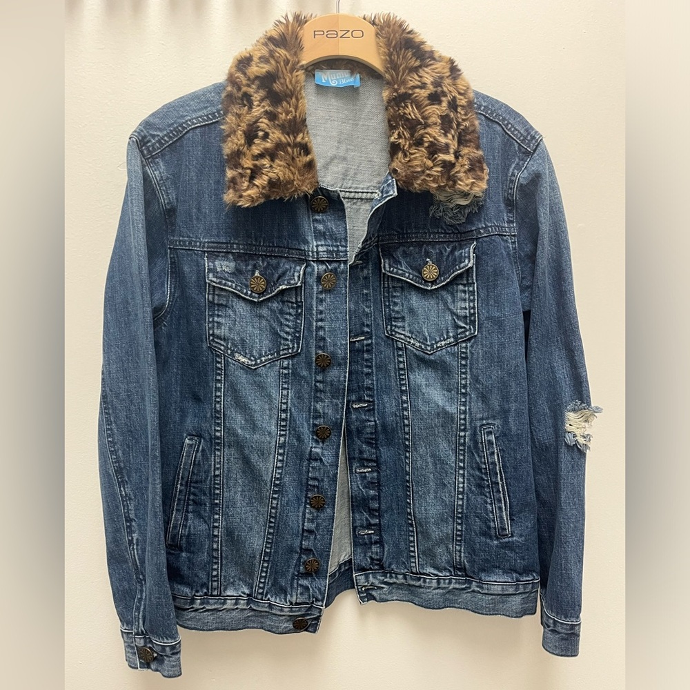 Show Me Your Mumu Jean Jacket with Faux Cheetah Print Collar Size Small